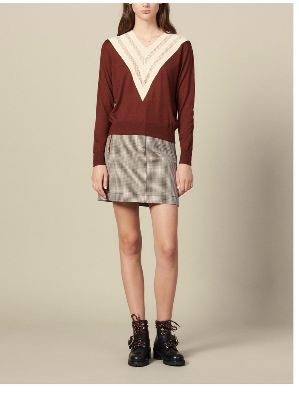 Sandro Women’s Brown V-Neck Sweater with Cream Chevron Trim